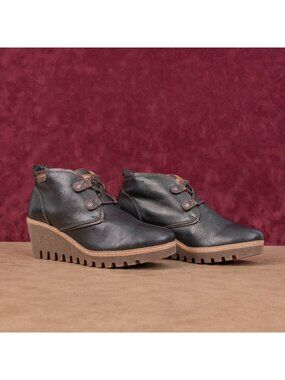 Pikolinos Women Maple Black Leather Lace-up Wedge Ankle Boots sz10US EUR41